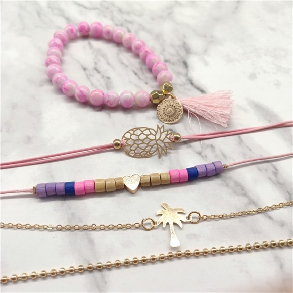 Boho Gypsy Palm Pineapple Pink  Gold Bracelets 5 - Picture 2 of 4